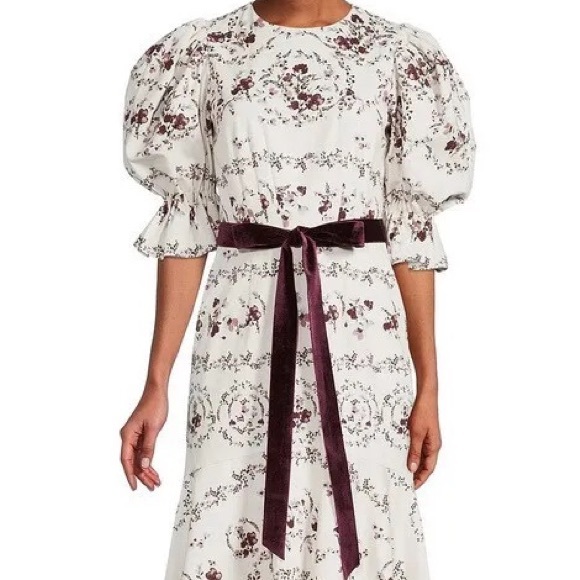 ANTONIO MELANI Dresses & Skirts - BRAND NWT ANTONIO MELANI Cream Floral Puff-Sleeve Dress with Burgundy Velve